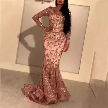 Женщины Свадебные невесты подружки невесты Элегантные блестки круглый вырез длинные рукава макси длинное платье вечернее бальное платье S розовый