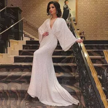 Женщины Свадебные невесты подружки невесты Элегантные блестки V-образный вырез Длинные рукава макси длинное платье вечернее бальное платье S белый