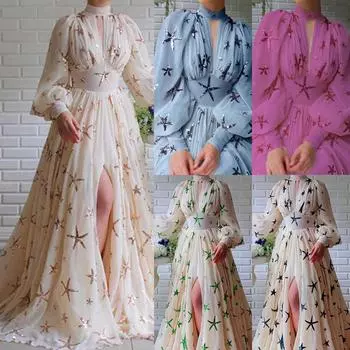 Женщины Свадебные невесты подружки невесты Элегантные пайетки Холтер вырез круглый вырез длинные рукава макси длинное платье вечернее бальное платье S бежевый