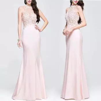 Женщины Свадебные невесты подружки невесты Элегантный круглый вырез без рукавов кружева макси длинное платье вечернее бальное платье L розовый