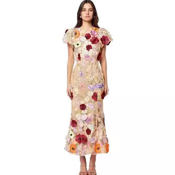 Женщины Свадебные невесты подружки невесты Элегантный круглый вырез вышитые цветы короткие рукава миди длинное платье вечернее бальное платье S бежевый