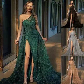 Женщины Свадебные невесты подружки невесты Элегантный одно плечо разрез без рукавов блестки макси длинное платье вечернее бальное платье S зелёный