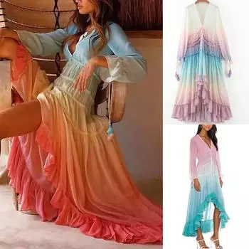 Женщины Свадебные невесты подружки невесты Элегантный V-образный вырез Длинные рукава Принт оборки Макси Длинное платье вечернее бальное платье S красный