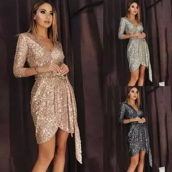 Женщины Свадебные невесты подружки невесты Элегантный V-образный вырез пайетки длинные рукава мини короткое платье вечернее бальное платье S золотой