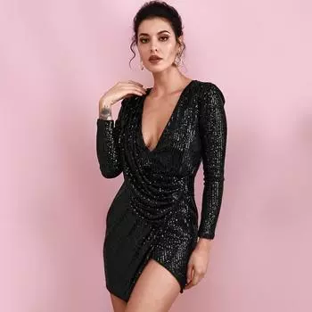 Женщины Свадебные невесты подружки невесты Элегантный V-образный вырез пайетки длинные рукава мини короткое платье вечернее бальное платье S белый