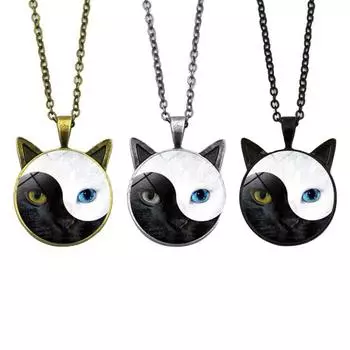 Женщины Тай Чи Инь Ян Cat Стеклянный кулон Ожерелье Свитер Цепь Ювелирный Подарок золотистый