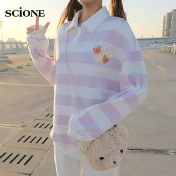 Женская толстовка с капюшоном, мягкая толстовка для девочек, колледж JK, милый свободный свитер с длинными рукавами и принтом для девочек, рубашка-поло M