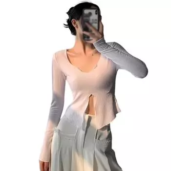 Женщины Трикотажные футболки Сплошной цвет V Шея Длинный рукав Показать живот Нотто Топ