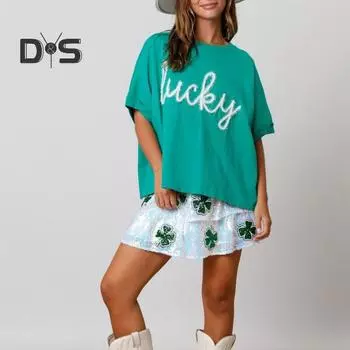 Женщины ул.. Футболка ко Дню Святого Патрика с круглым вырезом и коротким рукавом, с принтом трилистника и пайеток, свободная, мягкая, дышащая, праздничная футболка ко Дню Ирландии S зелёный