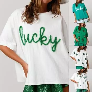 Женщины ул.. Футболка на День Святого Патрика, с круглым вырезом и короткими рукавами, с блестками, с принтом трилистника, в стиле пэчворк, свободная, мягкая, дышащая, праздничная футболка для ирландского дня S зелёный