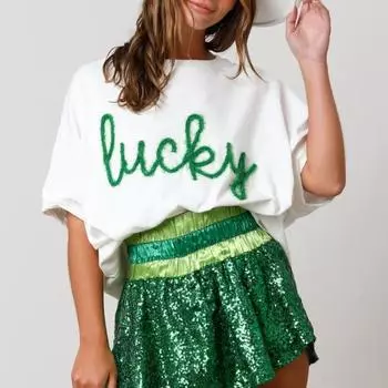 Женщины ул.. Футболка на День Святого Патрика, с круглым вырезом и короткими рукавами, с блестками, с принтом трилистника, в стиле пэчворк, свободная, мягкая, дышащая, праздничная футболка для ирландского дня S