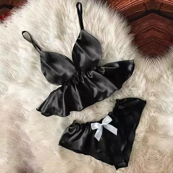 Женщины v-образным вырезом ресницы кружева сексуальные пятна камзол пижамы бантом шорты набор S