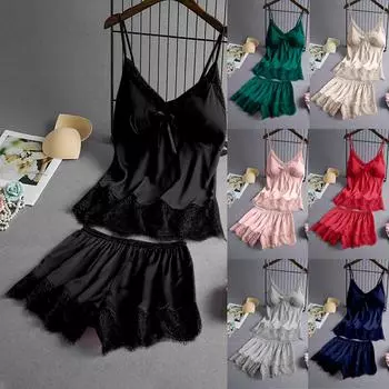 Женщины V-образным вырезом ресницы шелковые кружева сексуальные пятна камзол пижамы бантом шорты набор L бежевый