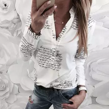 Женщины V шеи буквы печати кнопки с длинным рукавом футболки топы блузка L белый