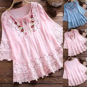 Женщины Vintage Lace Patchwork Bow V-образным вырезом три четверти блузки Top Футболка S небесно-голубой