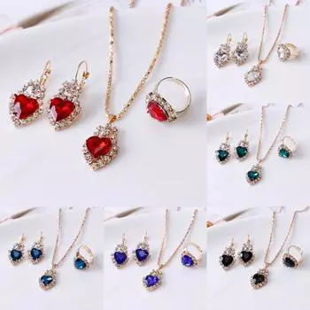 Женщины в форме сердца со стразами кулон ожерелье рычаг назад серьги кольцо ювелирные изделия красный