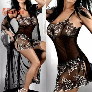 Женщины вышивка сексуальный дышащий принт перспектива приманка пижамы нижнее белье костюм L чёрный