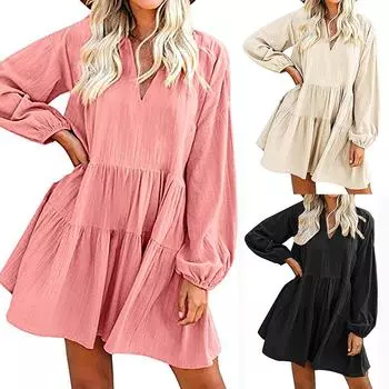 ЖенщиныТемперамент Повседневное однотонное платье с длинным рукавом и V-образным вырезом L бежевый