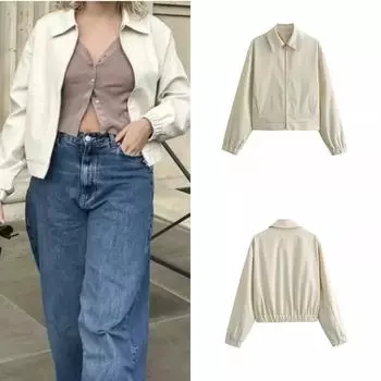 Женская 2024 летняя новая стильная повседневная универсальная куртка с длинным рукавом и воротником, простая однотонная куртка на молнии S бежевый