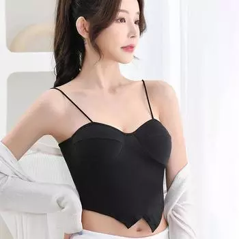 Женская 2 в 1 однотонная тонкая майка на тонких бретельках со встроенным бюстгальтером, повседневная внутренняя часть из хлопка, пригодная для носки, укороченная