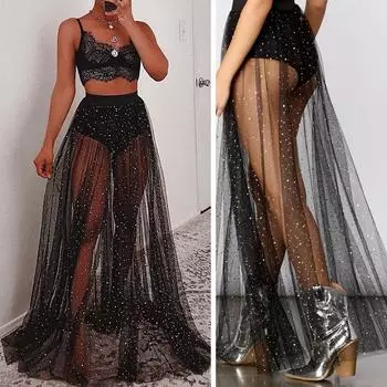 Женская 2 в 1 прозрачная сетчатая юбка с высокой талией и принтом галактики, А-силуэт, длинная юбка, корейская мода, элегантная кавайная мини-юбка, длинная юбка L чёрный