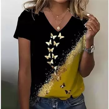Женская 3D футболка летняя с V-образным вырезом и коротким рукавом с принтом бабочек Милая женская модная футболка Женская одежда S