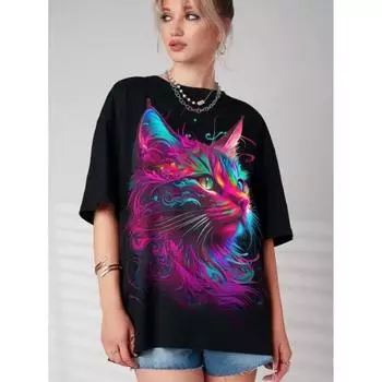 Женская 3D красочная графическая печать кота женская футболка с круглым вырезом Harajuku Y2k мода повседневные футболки свободные топы свободного покроя женская уличная одежда S