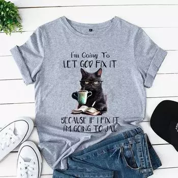 Женская 3DT-футболка Let God Fix It Мультфильм Аниме Футболка с короткими рукавами Уличная одежда Кот с книгой Женские футболки S