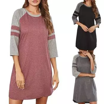 Женская 45355 рукав O-образный вырез цветной блок свободная мини ночная рубашка пижамы домашняя одежда XL серый
