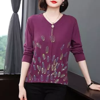 Женская 4XL Весенняя новая одежда для мам Футболка с длинными рукавами Простая V-образная горловина Печатный дизайн Свободная утягивающая женская одежда M кирпич красный