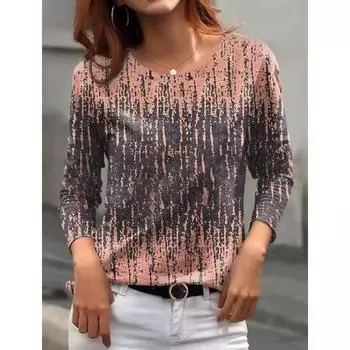 Женская абстрактная футболка с рисунком в виде глаз/губ, с длинным рукавом, на каждый день, на выходные, с круглым вырезом, стандартный крой, с рисунком, весна/осень S