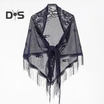 Женская алая шаль с вышивкой цветов и кисточками, тонкая на шнуровке, однотонная, солнцезащитная, элегантная накидка чёрный