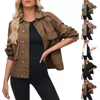 Женская эластичная джинсовая куртка с длинным рукавом, джинсовая куртка Trucker Jacket с карманом L чёрный