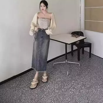 Женская эластичная джинсовая юбка с разрезом в стиле ретро - высокая талия, облегающая, прямая, средней длины, осенний стиль 5XL синий