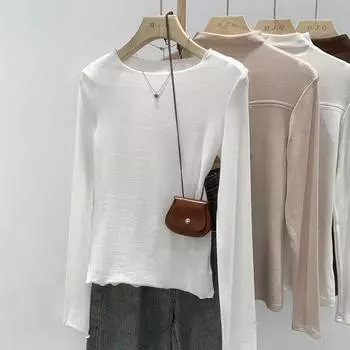 Женская эластичная футболка с длинными рукавами и прямыми плечами - Осень/Зима 2023 - Универсальный облегающий внутренний топ Small