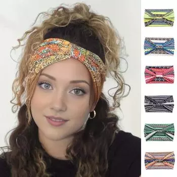 Женская эластичная повязка на голову с широким дизайном, цветочный узор, завязанная повязка для волос, нескользящая, пот зелёный