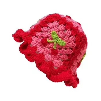 Женская эластичная вязаная шапка с вишневой тематикой, модная ажурная с оборками, яркая шляпа-ведро, котелок, ручная работа, крючком, милая, 58 см