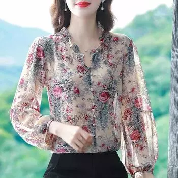 Женская элегантная блузка для поездок на работу с рукавом девять минут, напечатанная рубашка с оборками, весна-лето 4XL зелёный