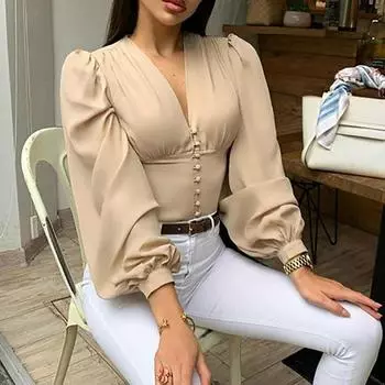 Женская элегантная блузка-фонарик с длинным рукавом, топ с V-образным вырезом, укороченный топ, модные рубашки, женские блузки на пуговицах S хаки