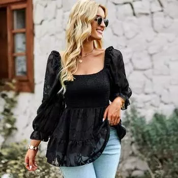 Женская элегантная блузка с квадратным вырезом и копчеными рукавами 3/4, шифоновая фактурная туника с цветочным принтом, рубашки, плиссированный топ с баской L чёрный