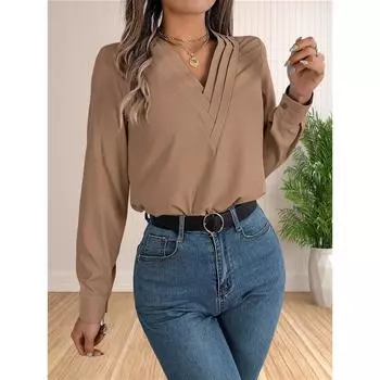 Женская элегантная деловая офисная блузка с многослойным V-образным вырезом и длинным рукавом, нарядные рубашки, рабочие топы S зелёный