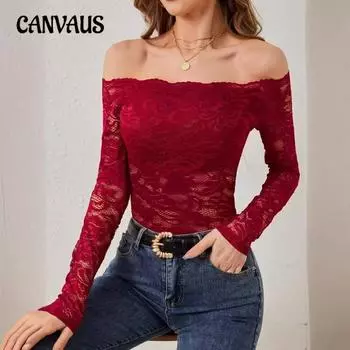 Женская элегантная футболка с фестончатым вырезом на одном вырезе без бретелек с кружевом и длинными рукавами S бордовый