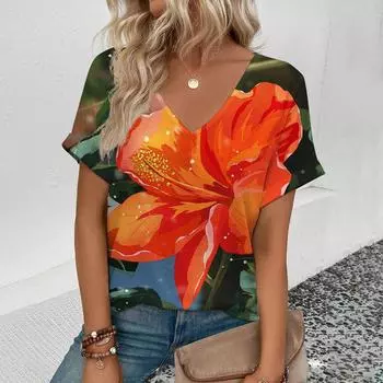 Женская элегантная футболка с v-образным вырезом, футболка с принтом пруда и лотоса, модная летняя футболка большого размера с короткими рукавами, повседневная футболка для отдыха S