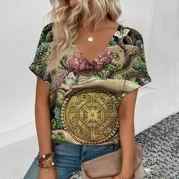 Женская элегантная футболка с V-образным вырезом, футболка с принтом в виде художественных фигур, модная летняя футболка большого размера с короткими рукавами, футболка для отдыха XXS