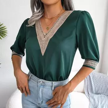 Женская элегантная кружевная шифоновая рубашка с v-образным вырезом и средним рукавом на весну и лето, блузки, шикарные топы S-XL S зелёный