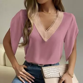 Женская элегантная молодежная офисная женская рубашка 2023 года, весенняя мода, кружевная шифоновая блузка с V-образным вырезом, короткий рукав, летний топ 25837 S верблюд