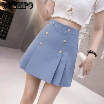 Женская элегантная нишевая двубортная плиссированная юбка, летняя простая повседневная однотонная трапециевидная юбка с высокой талией, короткая юбка на бедрах S белый