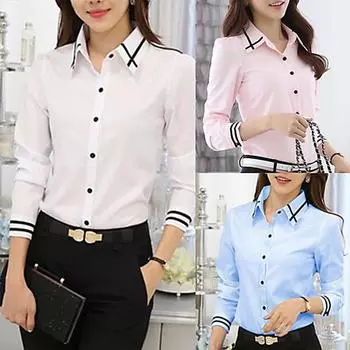 Женская элегантная однобортная однобортная рубашка с длинными рукавами и отложным воротником в тонкую полоску M синий