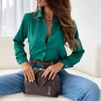 Женская элегантная однотонная блузка весна-лето повседневная свободная рубашка с длинным рукавом и V-образным вырезом офисные женские туники свободные топы 2024 S чёрный