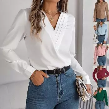 Женская элегантная однотонная рубашка с V-образным вырезом и длинными рукавами на весну и осень XL белый